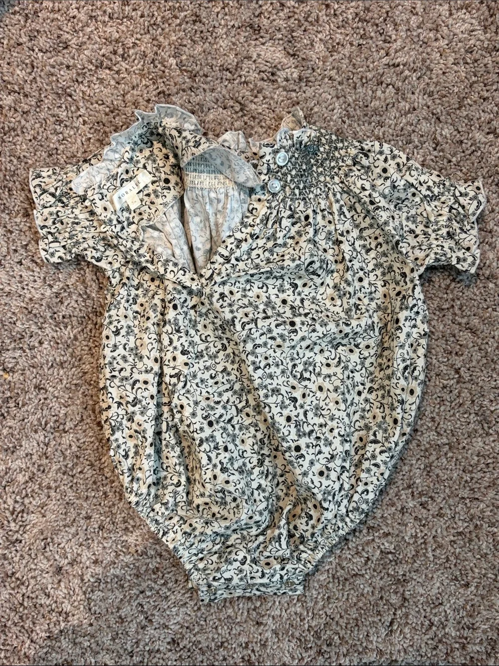 Noralee Smocked Floral Bubble Romper in Cream and Black